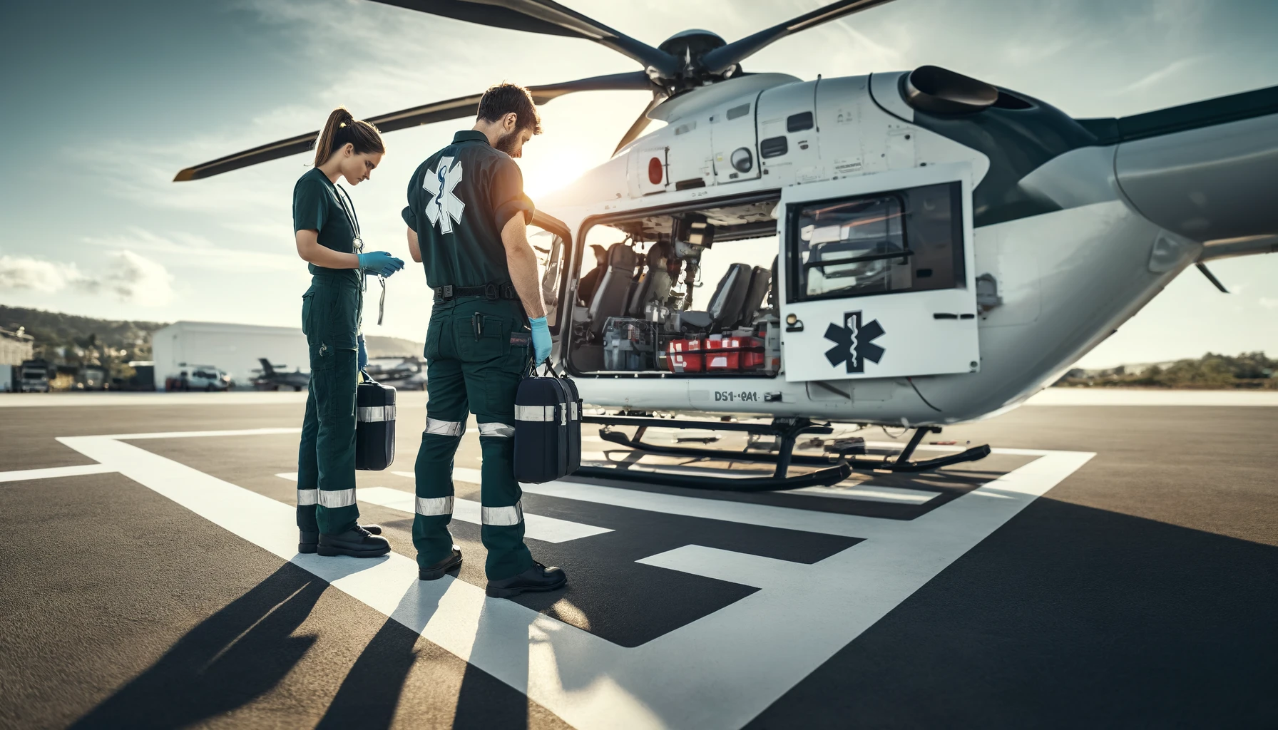paramedics preparing a rescue helicopter for takeoff