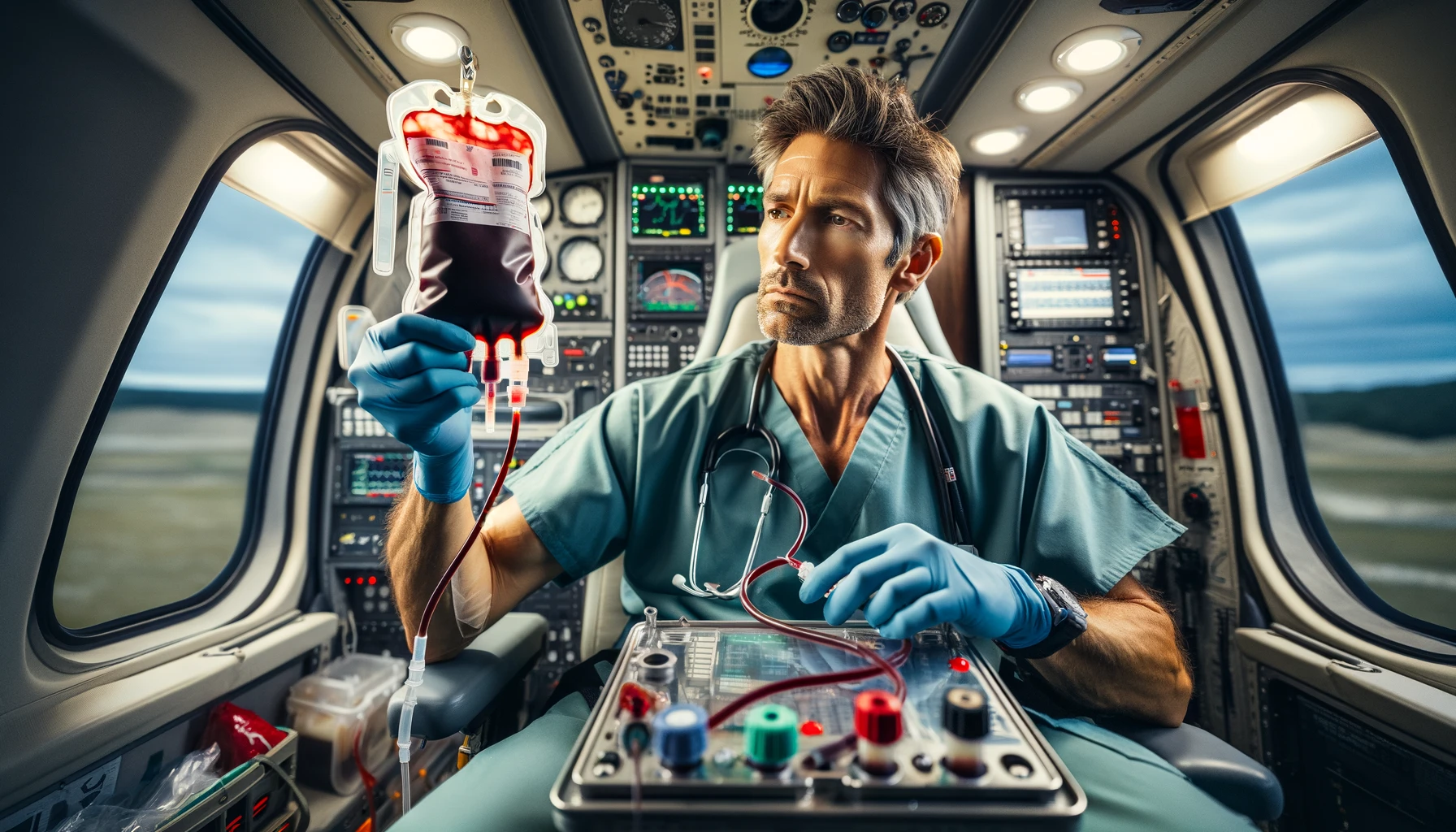 a doctor holding a transfusion set with blood on board a helicopter of the emergency medical service