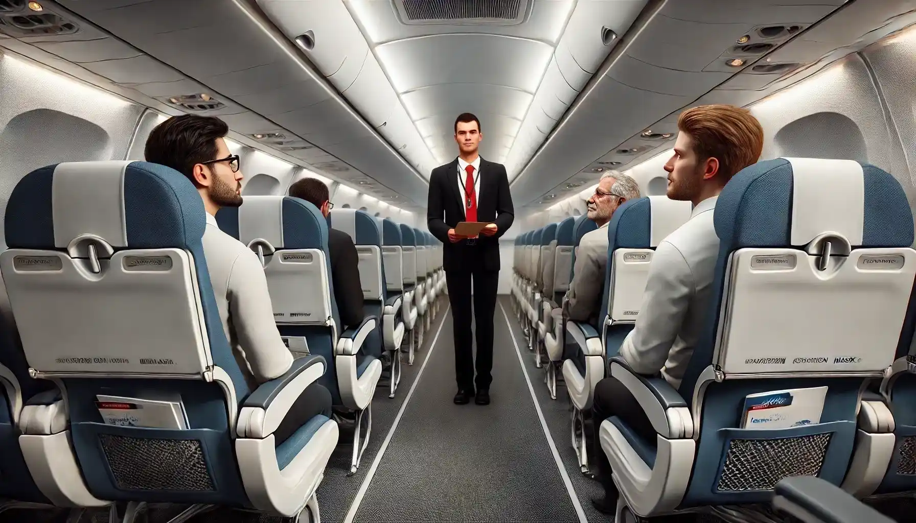 A male flight steward standing in a modern airplane cabin, instructing passengers about safety before a flight.