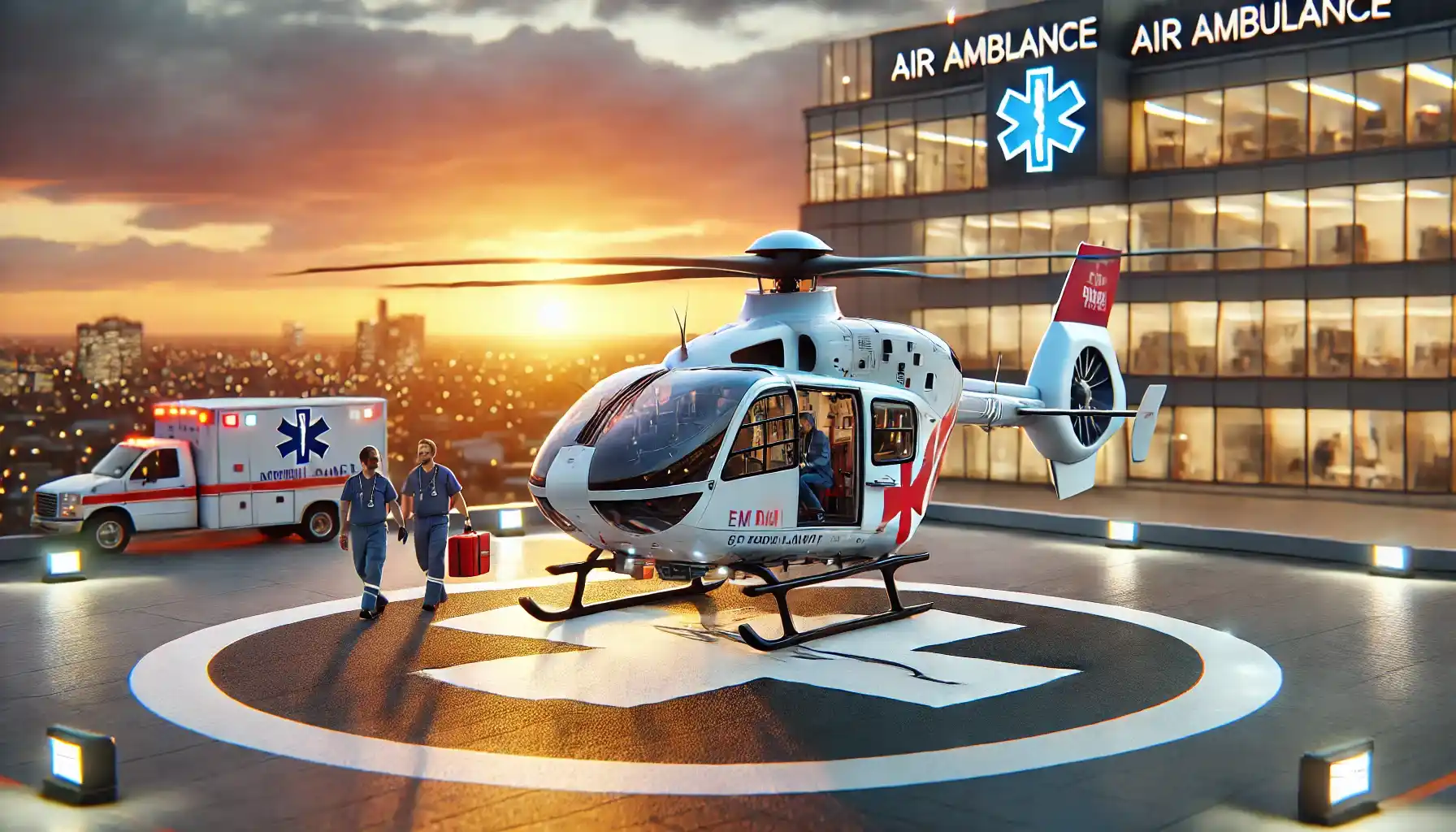 a modern air ambulance helicopter landing on a hospital helipad at sunset.