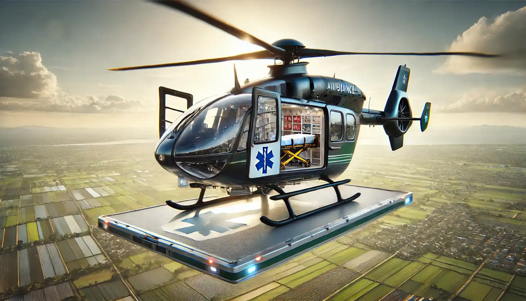 a modern air ambulance helicopter in flight, equipped with advanced medical equipment visible through open doors.