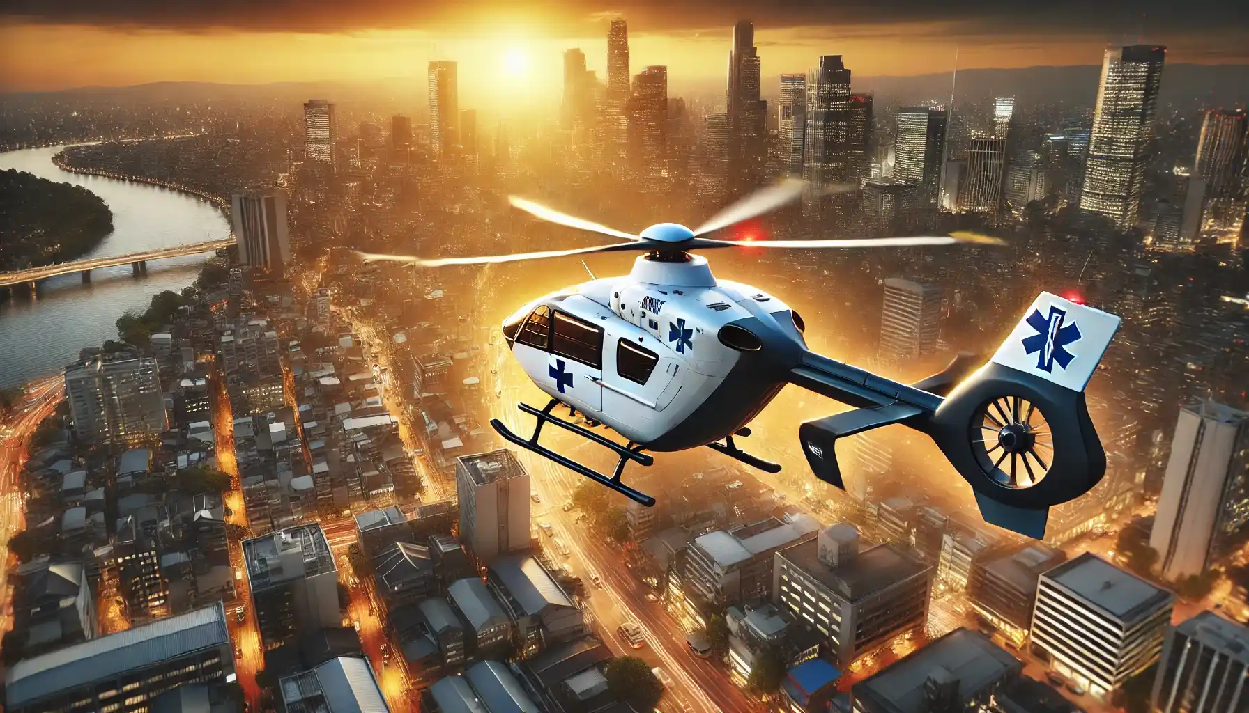 a modern air ambulance in flight above a bustling cityscape at sunset, showcasing advanced technology and sleek design.