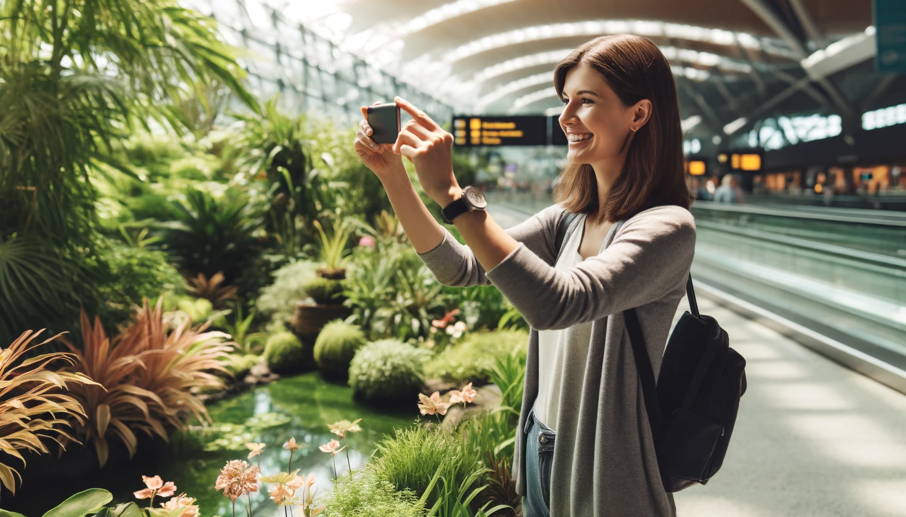 A smiling woman in an airport garden taking pictures of plants with her phone. She is surrounded by lush greenery.