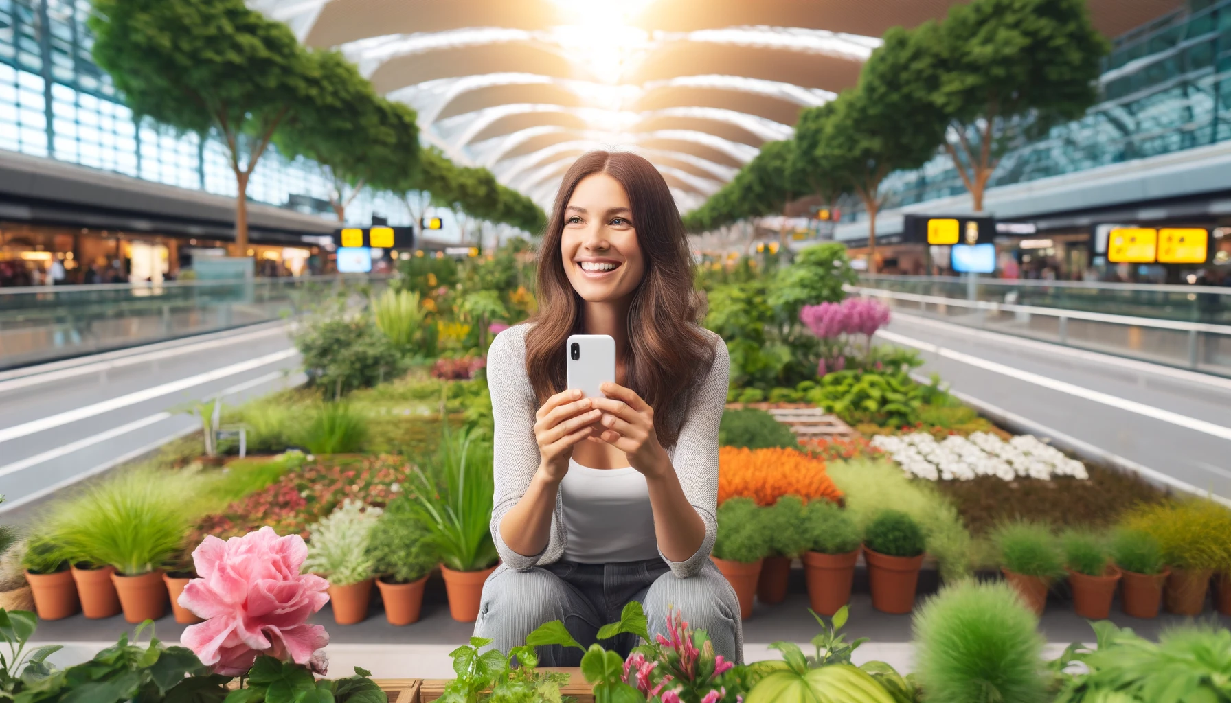 A smiling woman in an airport garden taking pictures of plants with her phone. She is surrounded by lush greenery and flowers.
