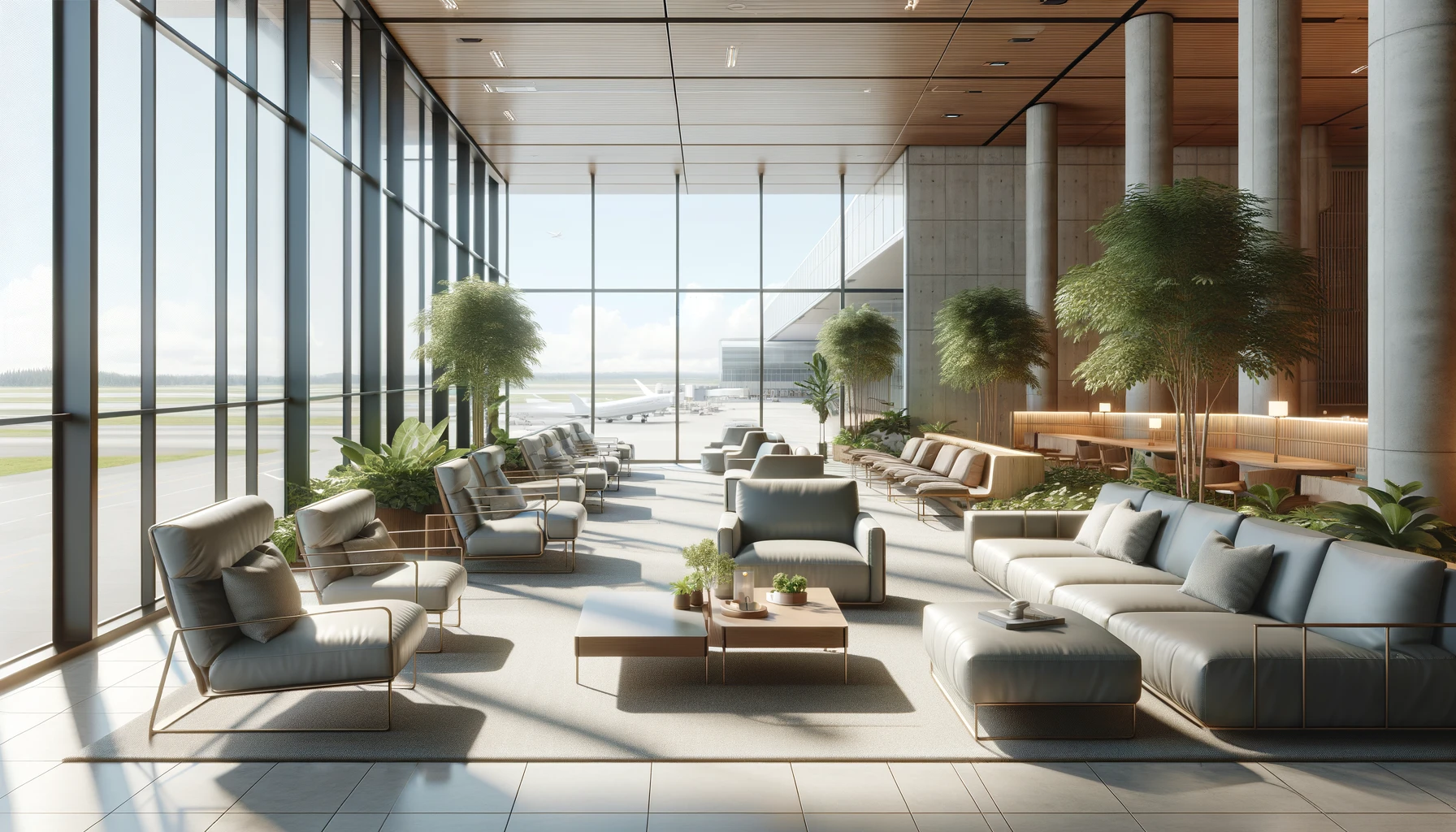 a peaceful airport lounge area with modern, comfortable seating, large windows allowing natural light, and green plants adding a touch of nature.
