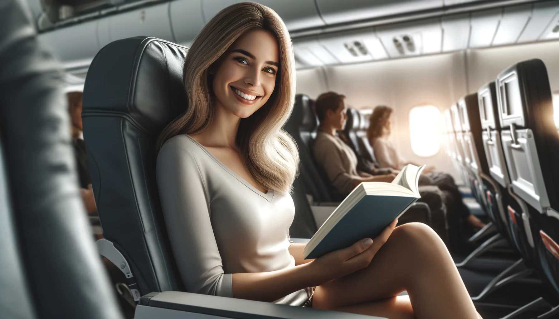 a smiling woman sitting in an airplane seat. She is comfortably reading a book with natural light from the window illuminating her.