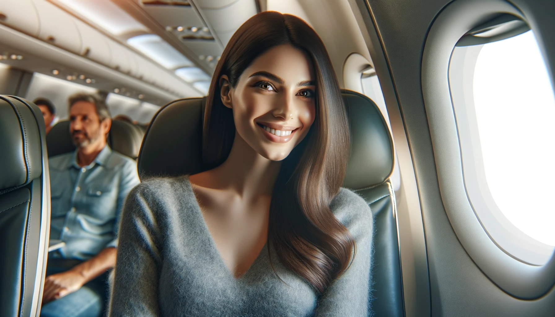 a smiling woman sitting comfortably in an airplane seat. She is looking out the window, with natural light illuminating her face.