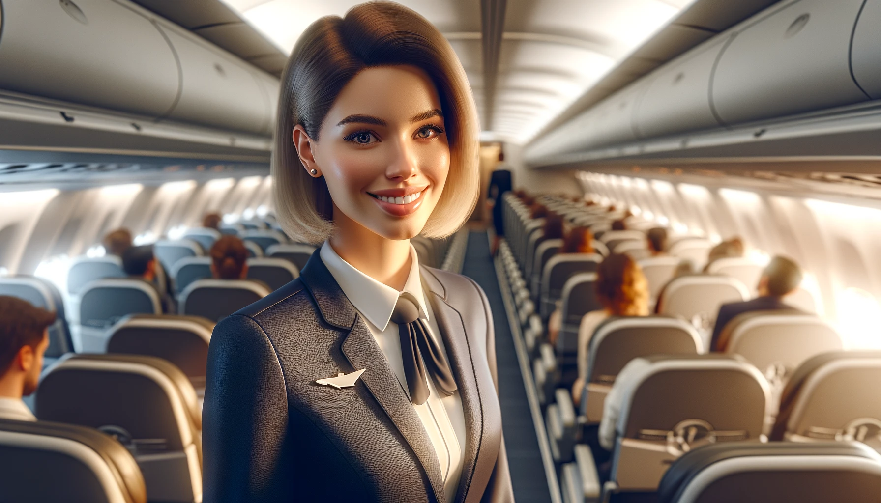 a smiling stewardess standing in an airplane aisle. She is dressed in a professional uniform, looking friendly and approachable.
