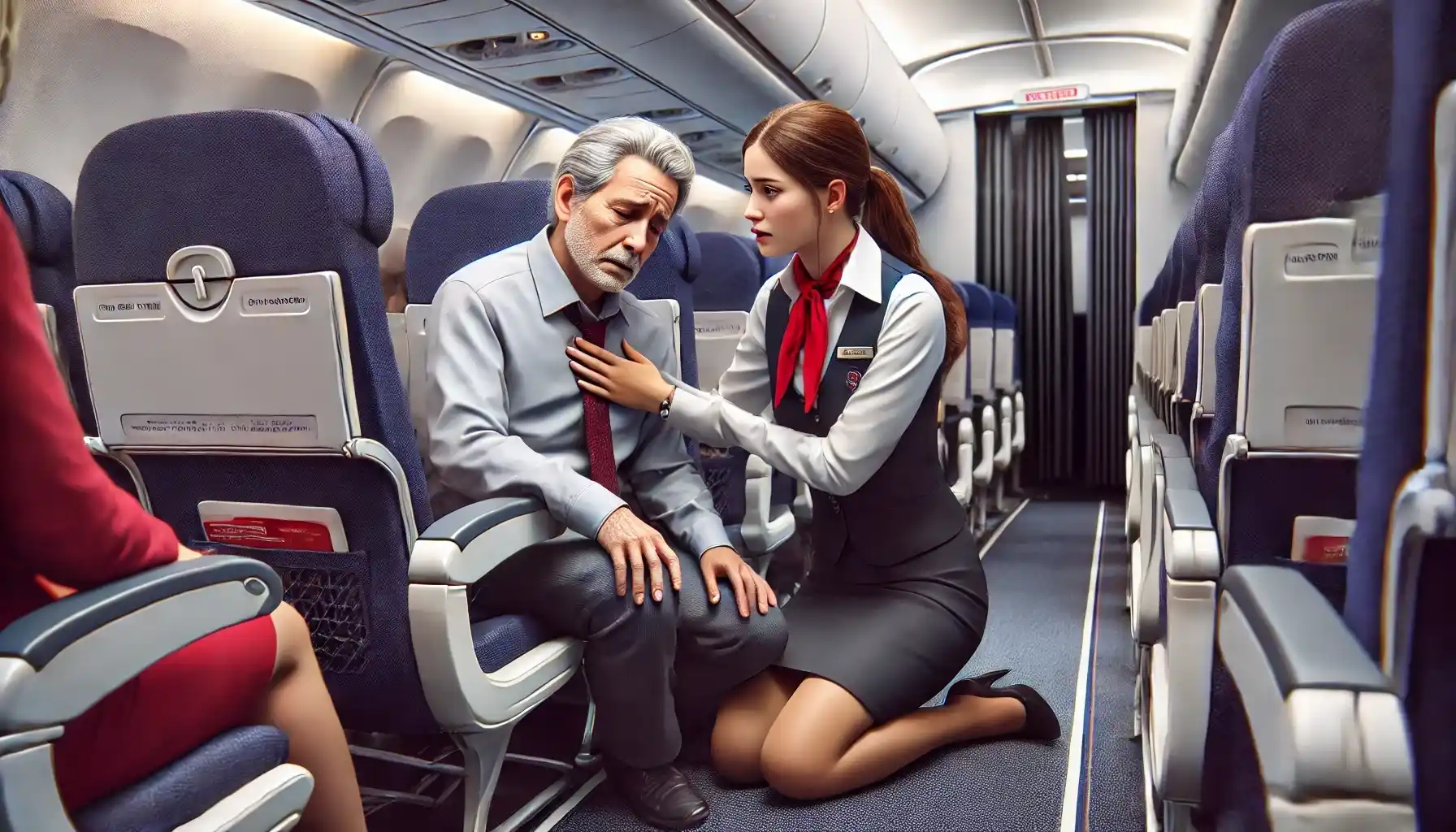 Flight attendant helps man with dizziness regain consciousness.