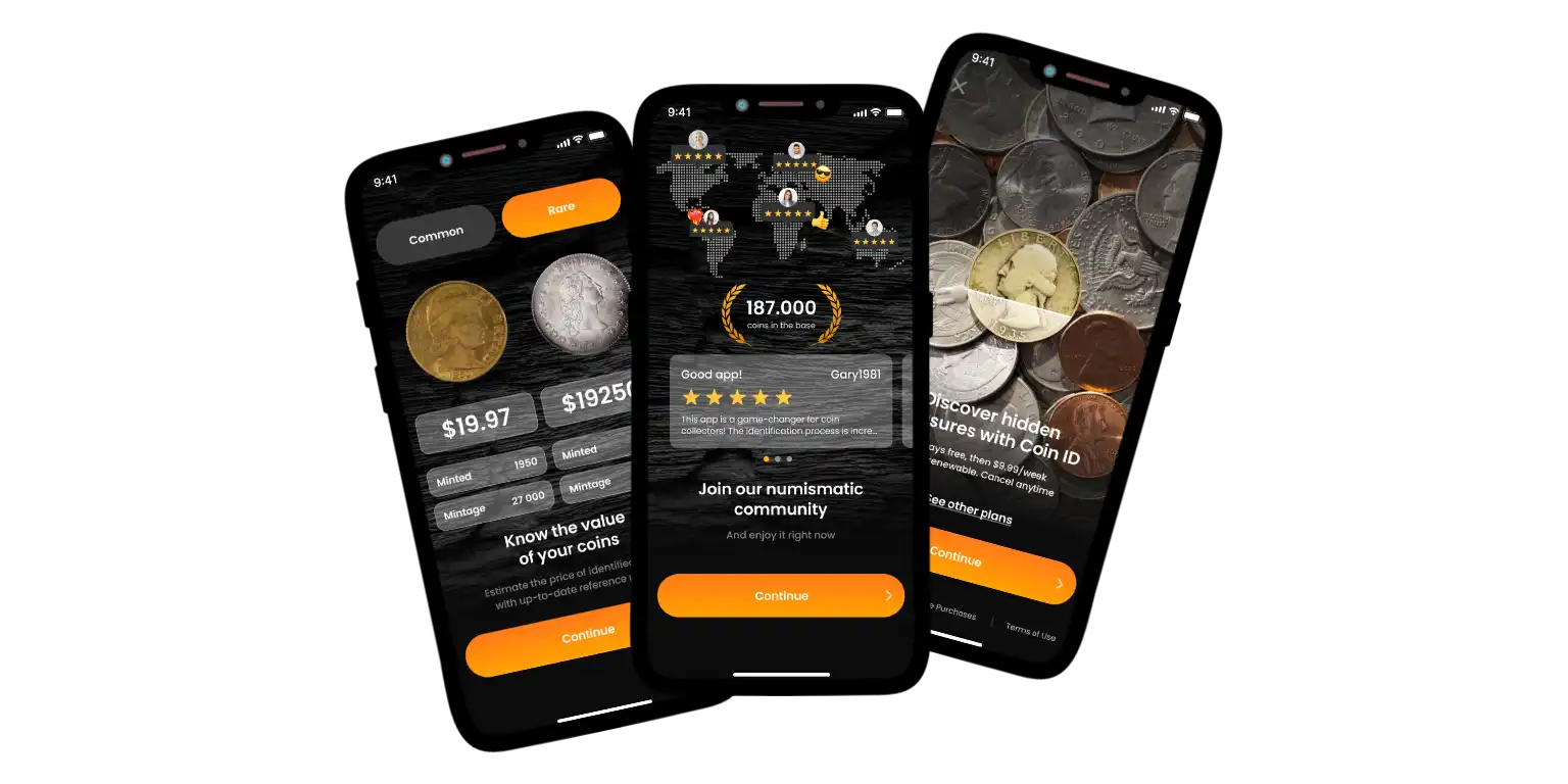 A screen with the Coin ID Scanner key features