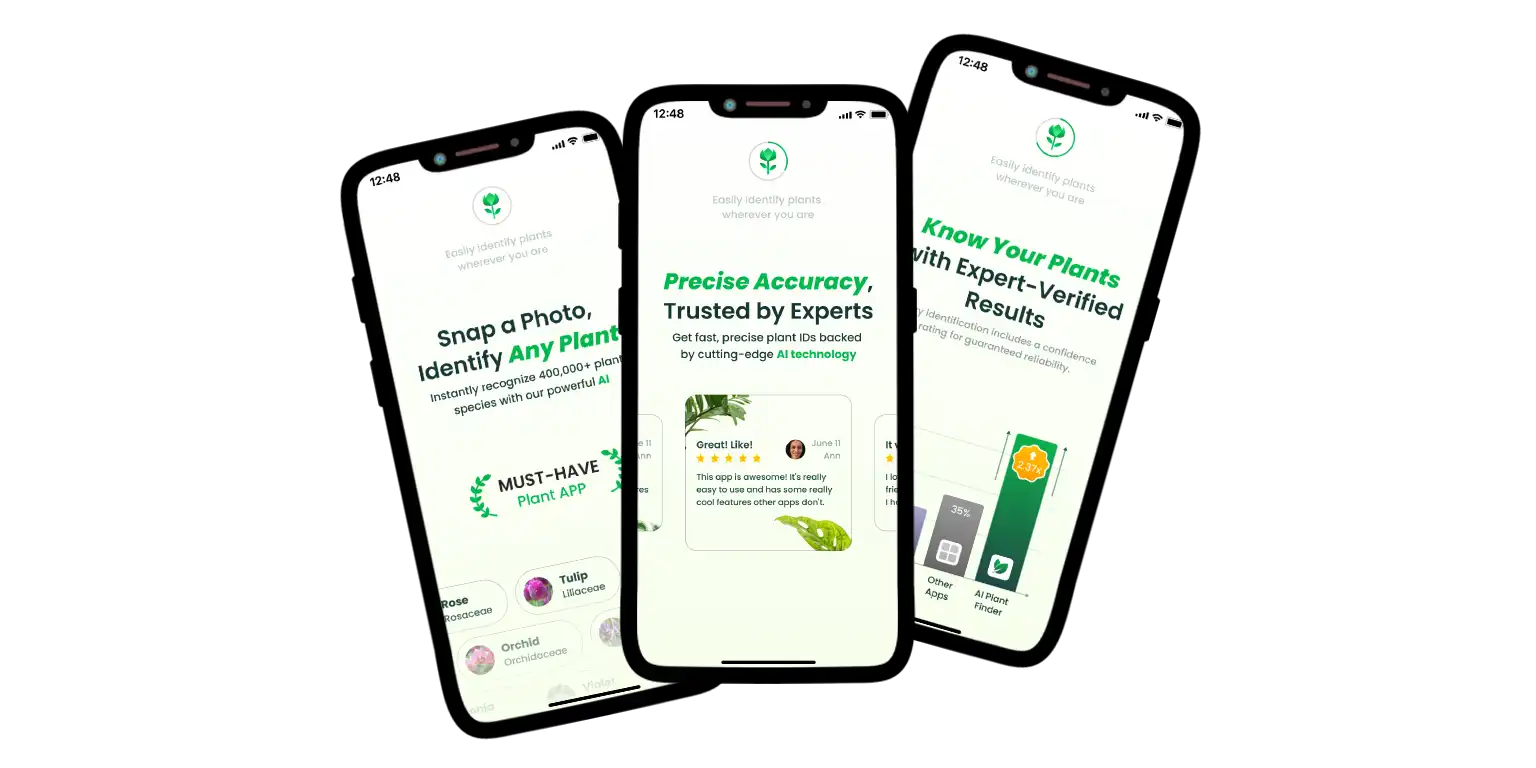 A screen with the AI Plant Finder key features